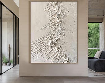 Large beige beach painting, beige 3D texture wall art, beige ocean waves wabi-sabi wall painting, modern natural bedroom decor