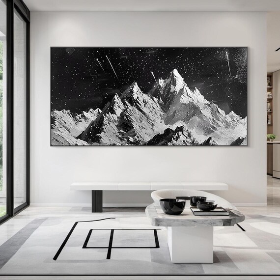 Large Black and White Mountain Painting – Horizontal Abstract