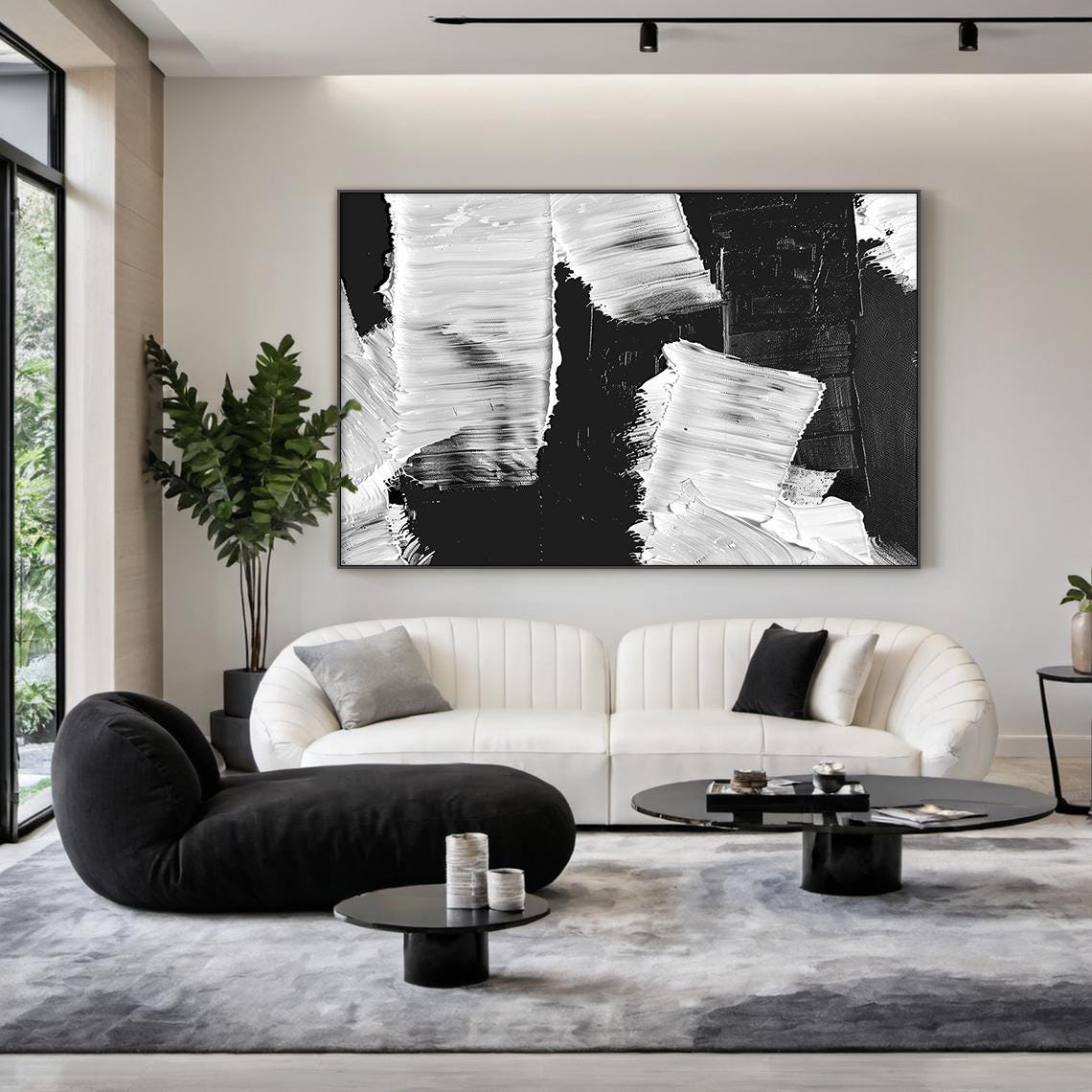 Large Black and White Abstract Oil Painting on Canvas Textured Impasto ...