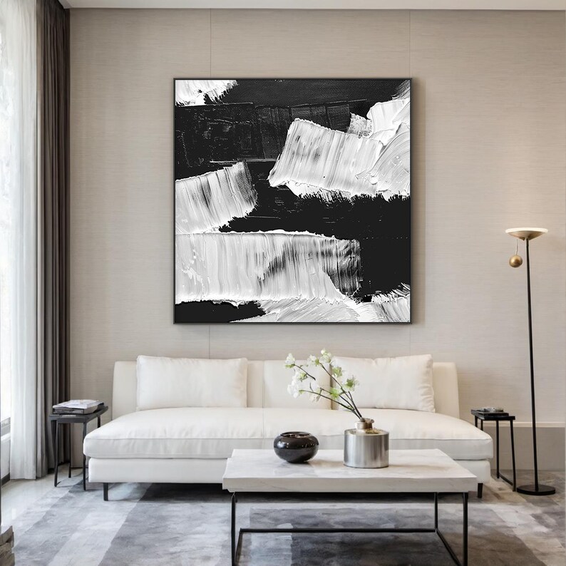 Large Black and White Abstract Oil Painting on Canvas Textured Impasto ...