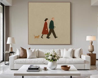 Minimalist Couple Oil Painting - Modern Figurative Canvas Art with Cat for Living Room, Bedroom, Scandinavian Home Decor
