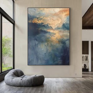 Grande peinture de paysage abstraite, art mural or bleu, toile texturée moderne, peinture à l'huile contemporaine pour décoration de salon