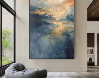 額入りの青と金の山の壁画：抽象風景画の油絵風壁画 - Etsy 日本