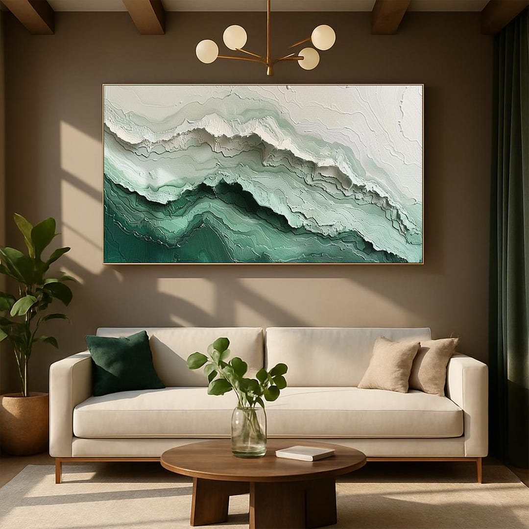 Green Beige Minimalist Beach Painting, Large 3D Textured Wall Art ...