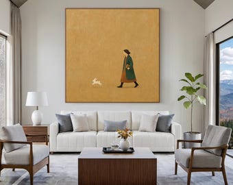 Minimalist Woman and Rabbit Oil Painting - Handmade Textured Canvas Wall Art - Wabi Sabi Neutral Artwork for Living Room Decor