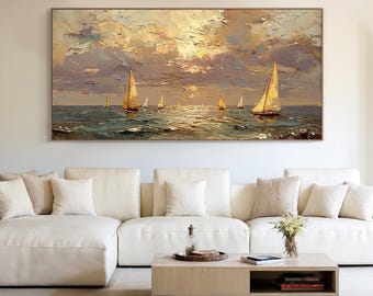 Large Sailboat Seascape Oil Painting, Modern Textured Ocean Wall Art on Canvas for Living Room or Coastal Home Decor