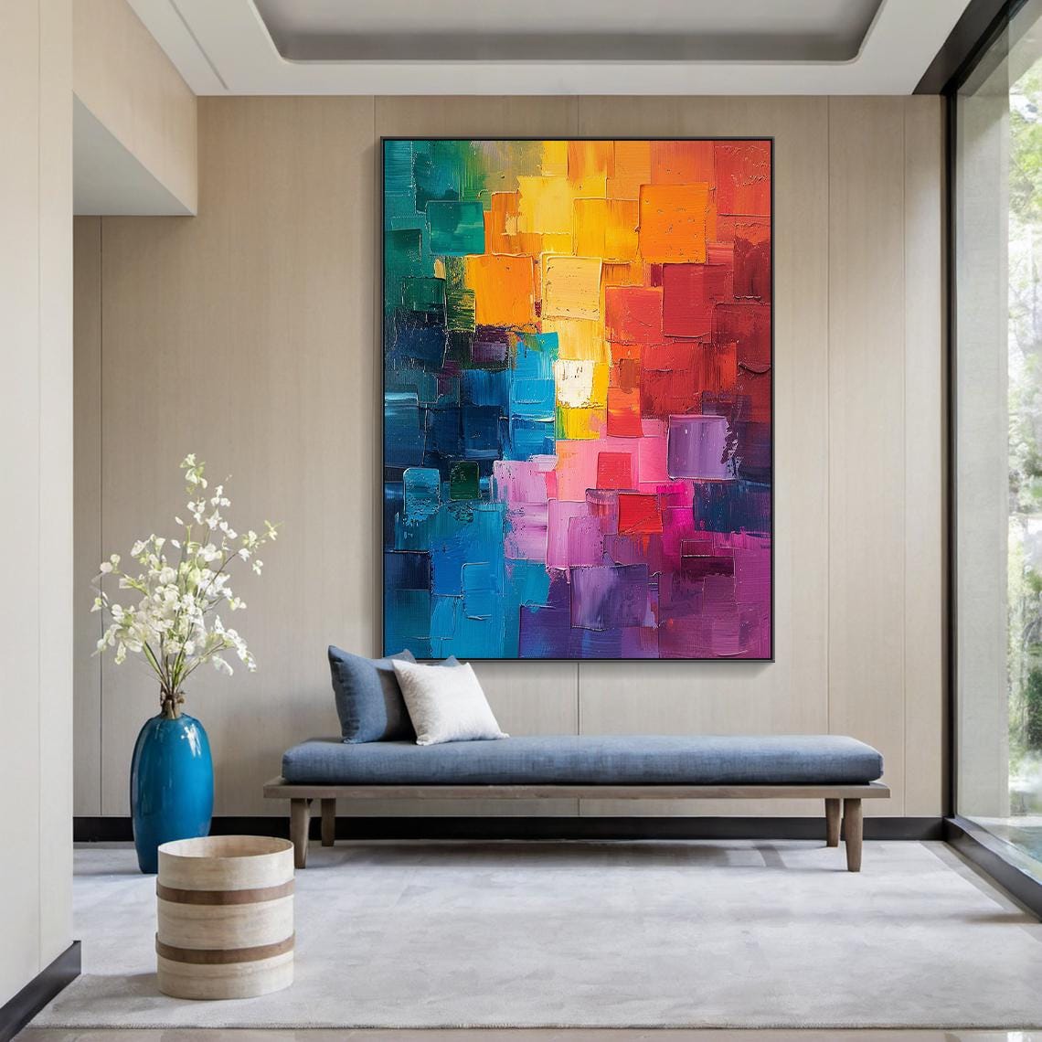 Abstract colorful textured canvas oil painting, simple colorful wall painting art, modern home decor, contemporary art