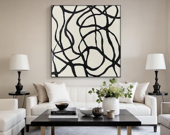 Black and White Abstract Wall Art, Minimalist Line Canvas Painting for Modern Living Room or Office, Large Neutral Contemporary Decor