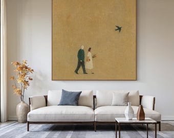 Original Couple With Bird Oil Painting Wabi-Sabi Wall Art Textured Hand-Painted Canvas Neutral Minimalist Figurative Art for Living Room