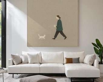 Minimalist Woman and Cat Oil Painting - Modern Figurative Canvas Art for Living Room, Bedroom, Scandinavian Neutral Home Decor