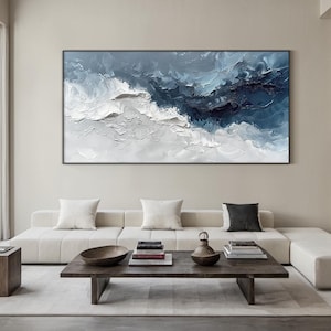 Gray and white minimalist beach painting, large blue abstract ocean wave painting, 3D textured wall art, modern natural living room decor