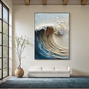 Large Abstract Ocean Wave Oil Painting, Textured Seascape Art for Modern Living Room, Blue & Beige Coastal Wall Art