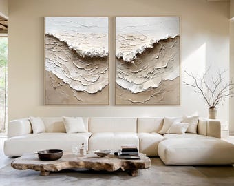 Neutral Textured Wave Canvas Set, Cream Beige Abstract Wall Art