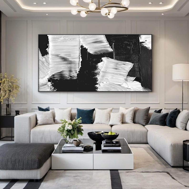 Large Black and White Abstract Oil Painting on Canvas Textured Impasto ...