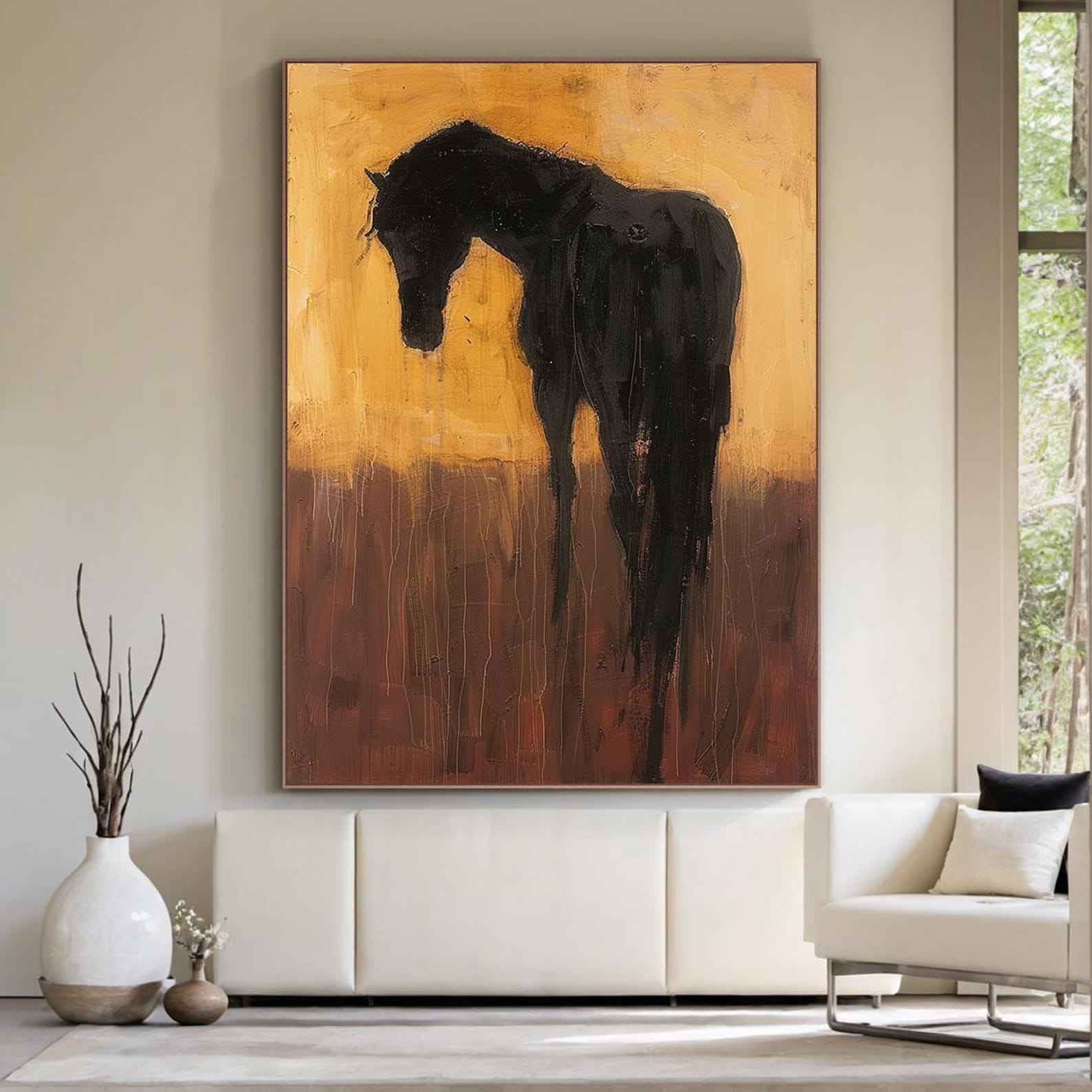 Abstract Horse Painting, Modern Textured Black Animal Art on Canvas ...