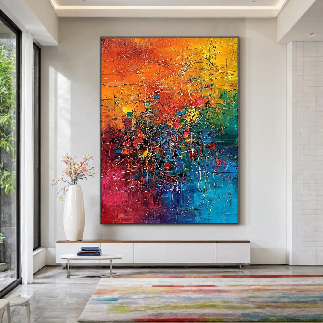 Large Abstract Colorful Oil Painting - Vibrant Handmade Canvas Wall Art ...