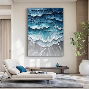 Ocean Wave Oil Painting, Blue Impasto Ocean Art, Abstract Sea Wall Art, Modern Coastal Living Room Decor, Large Nature Wave Artwork
