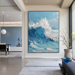 Blue ocean wave painting on canvas. 3D ocean wave landscape texture painting. Modern natural living room decoration, contemporary art