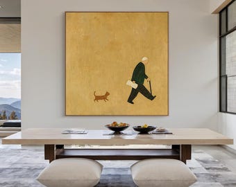 Minimalist Oil Painting Elderly Man with Dog - Wabi Sabi Wall Art - Handmade Abstract Canvas - Neutral Modern Textured Artwork