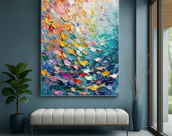 Colorful abstract impasto painting, multicolored textured wall art, contemporary art, modern living room decor