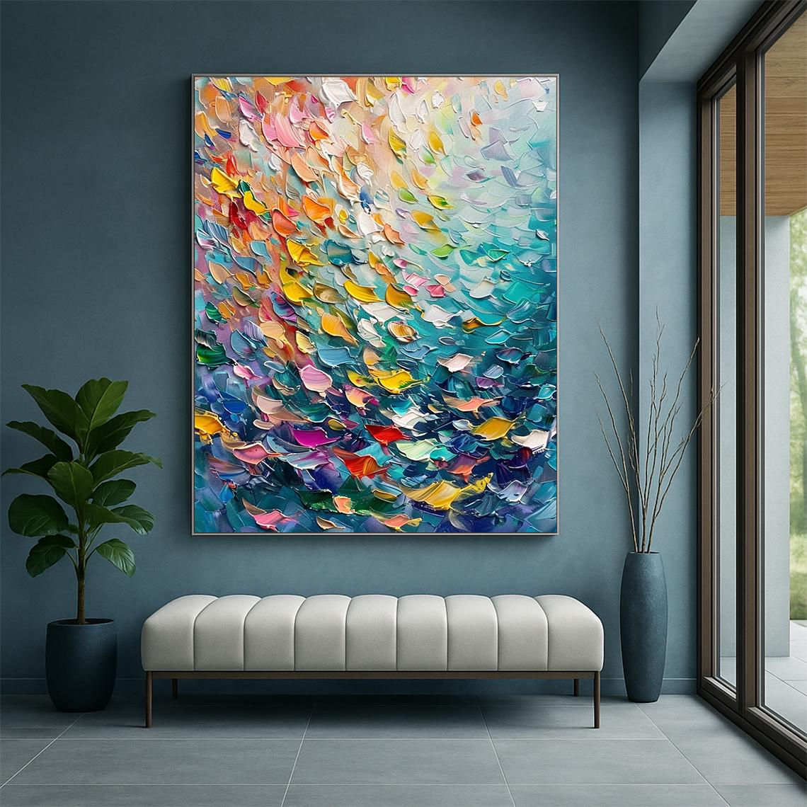 Colorful abstract impasto painting, multicolored textured wall art, contemporary art, modern living room decor