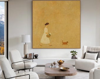 Original woman and cat oil painting beige wabi-sabi wall art textured hand-painted canvas neutral minimalist living room wall art