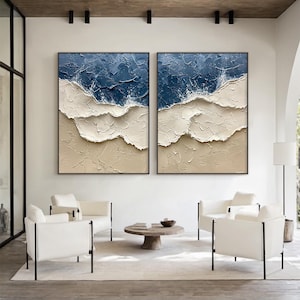 Abstract Wave Painting Set, Coastal Impasto Art, Modern Beach Decor, Ocean Wave Canvas, Living Room Wall Art for Home