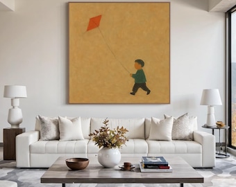 Minimalist Oil Painting Child Flying Kite - Handmade Abstract Canvas Art - Wabi Sabi Wall Décor - Playful Neutral Textured Artwork