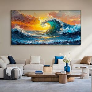 Vague de l'océan originale peinture à l'huile sur toile, grande oeuvre d'art murale, peinture abstraite de paysage de mer, décoration de plage, décoration murale bohème art de salon