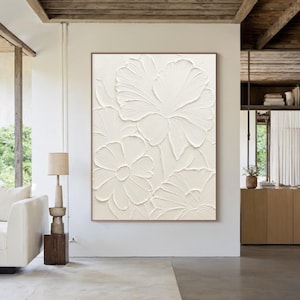 Abstract White Flower Oil Painting, Textured Floral Art, Modern Canvas Wall Art, Soft Brushstroke Style, Elegant Home Decor