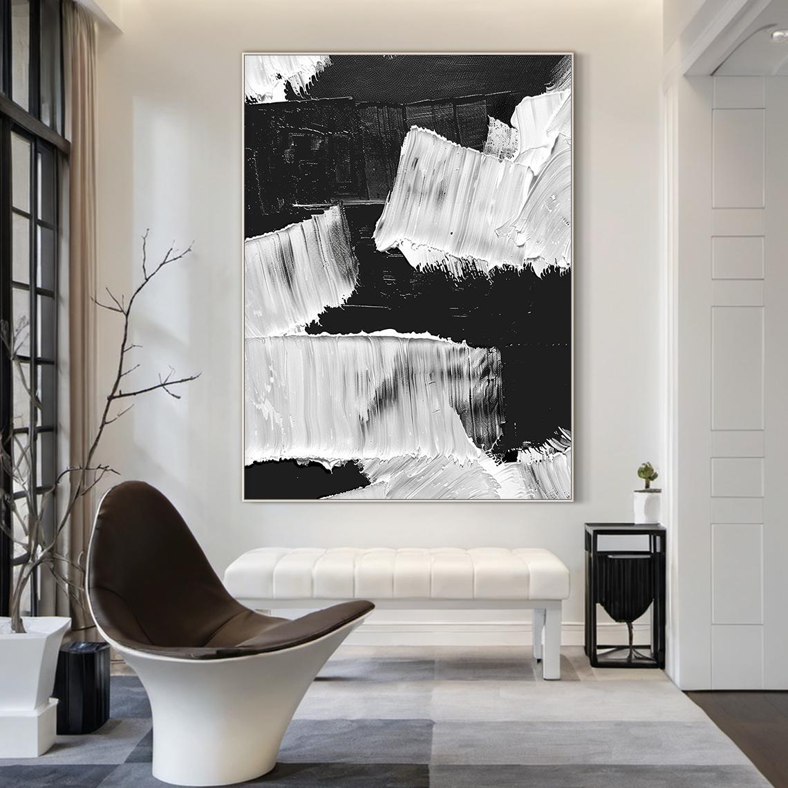 Large Black and White Abstract Oil Painting on Canvas Textured Impasto ...