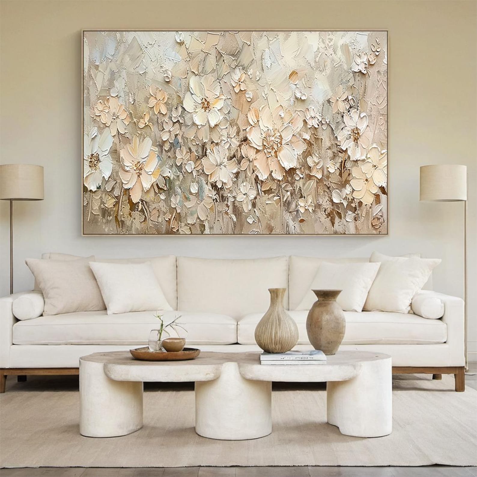 Handmade Large Neutral Flower Oil Painting, Modern Textured Wall Art ...