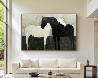 Minimalist Horse Oil Painting, Hand Painted Canvas, Black White Wall Art for Living Room