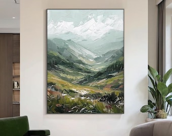 Large Landscape Oil Painting, Green Mountain Valley Canvas Art, Textured Impasto Wall Art for Modern Nature Inspired Living Room Decor