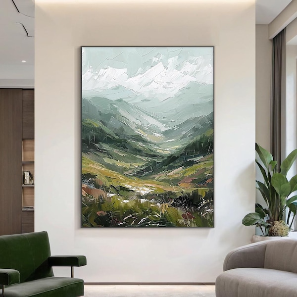 Large Landscape Oil Painting, Green Mountain Valley Canvas Art, Textured Impasto Wall Art for Modern Nature Inspired Living Room Decor