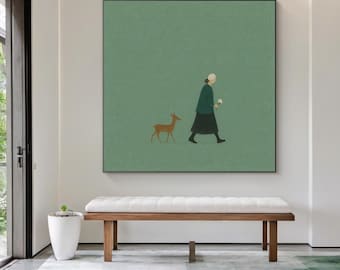 Minimalist Woman and Deer Oil Painting - Modern Figurative Canvas Art for Living Room, Bedroom, Scandinavian Nature Home Decor