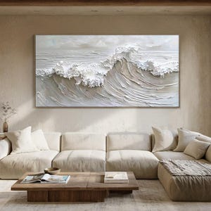 Minimalist ocean wave oil painting, living room texture seascape art, large coastal wall decoration, modern natural style home art