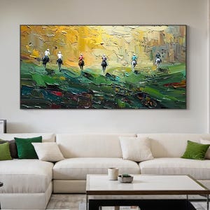 Art de course de chevaux texturé Peinture au couteau à palette 3D, décoration murale équestre contemporaine, toile verte pour les amateurs de sport, oeuvre d'art cadeau unique
