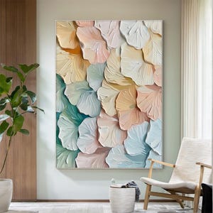 Art mural texturé floral 3D pastel - Toile botanique en relief doux pour salon ou chambre, décoration minimaliste moderne