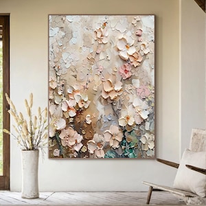 Handgemaakt groot bloemenolieverfschilderij, neutraal beige en roze 3D-getextureerde muurkunst, modern canvaskunstwerk voor woonkamerdecor