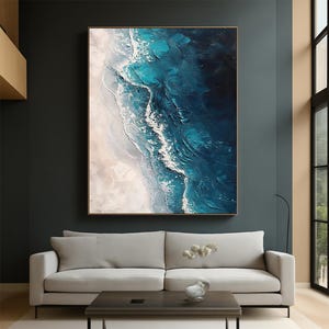 Blue abstract ocean painting, blue textured ocean wave wall painting, blue abstract art, modern natural living room sofa decoration