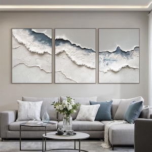 Abstract Ocean Triptych ,Textured Beach and Waves Canvas Painting ,Modern Coastal Art for Living Room, Bedroom , Tranquil Seascape Decor