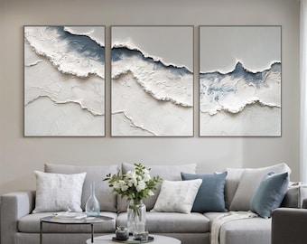 Tríptico abstracto de océano, lienzo texturizado de playa y olas, arte costero moderno para sala de estar, dormitorio, decoración de paisaje marino tranquilo.