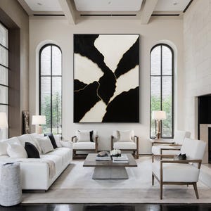 Large Abstract Black & White Painting with Gold Lines, Modern Textured Canvas Art for Luxury Living Room, Contemporary Minimalist Wall Art
