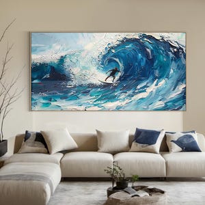 Blue ocean wave painting on canvas. Ocean wave landscape texture art. Modern natural living room decor, gift for surfers