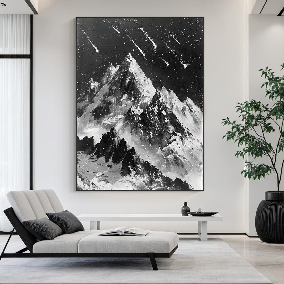 Large Black and White Mountain Painting – Hand Painted Abstract ...