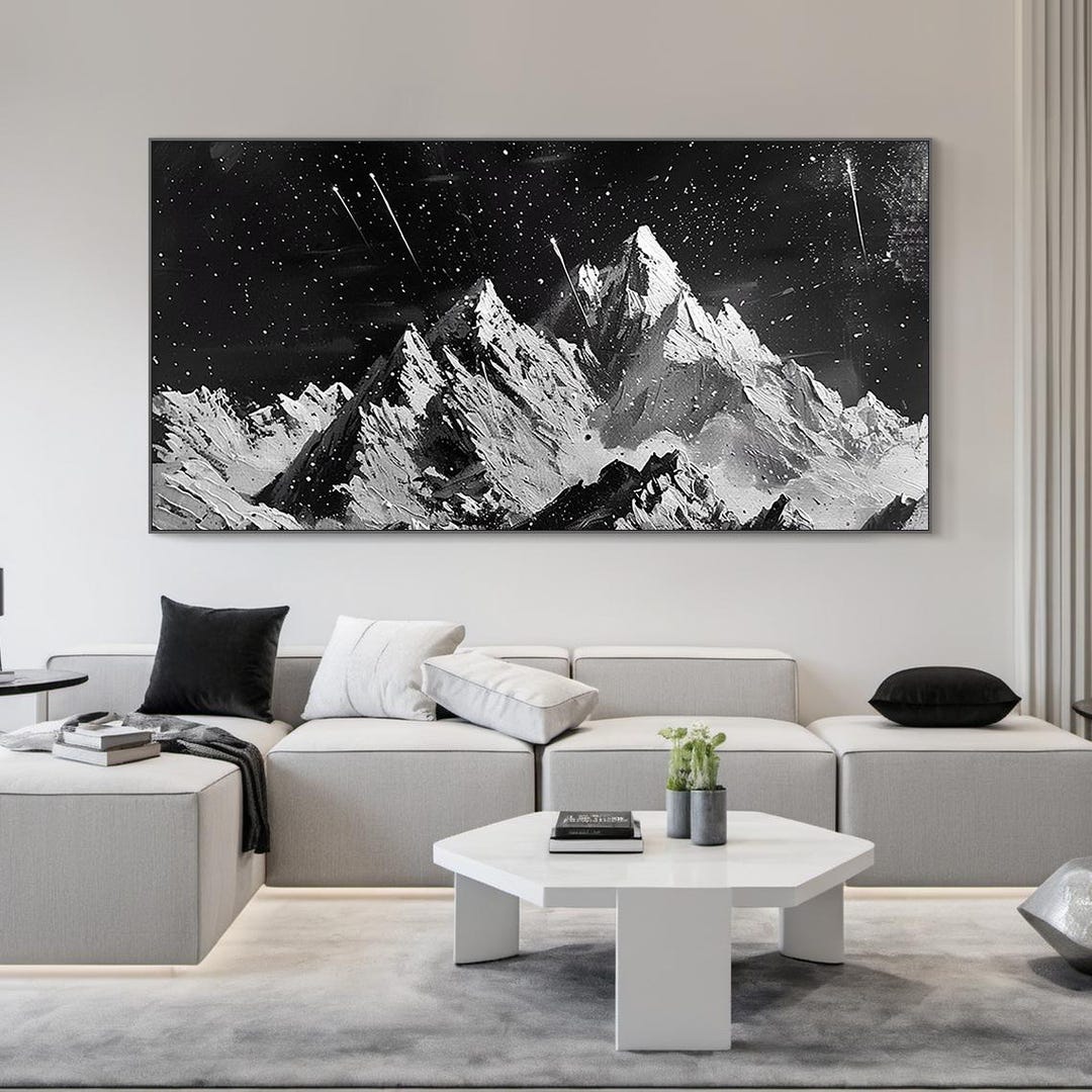 Large Black and White Mountain Painting – Horizontal Abstract Textured ...