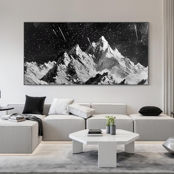 Large Black and White Mountain Painting – Horizontal Abstract