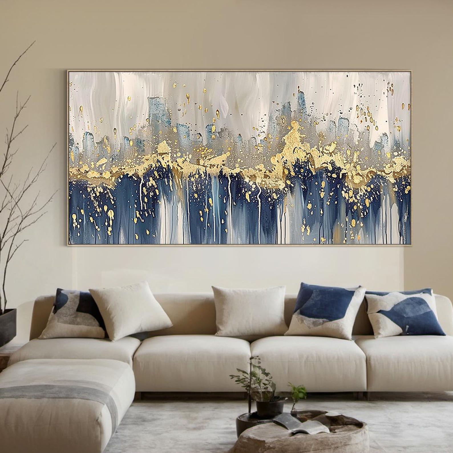Modern Gold Blue Abstract Wall Art, Luxury Horizontal Canvas Painting ...