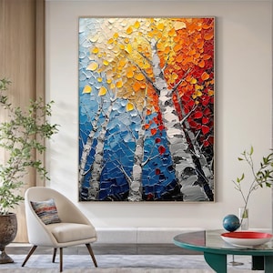 Sunset Birch Tree Palette Knife Painting, Kolorowa Teksturowana Sztuka Ścienna Lasu, Duże Pionowe Płótno Impasto Do Wystroju Salonu